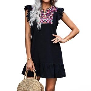KIRUNDO‎ Embroidered Ruffle Sleeveless Shift Dress